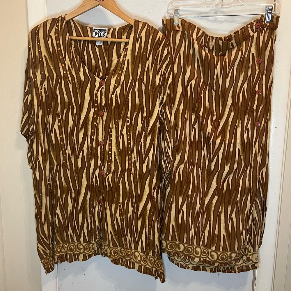Plus Size Tan Zebra Print Beaded Short Sleeve Button Down Blouse Midi Skirt Set